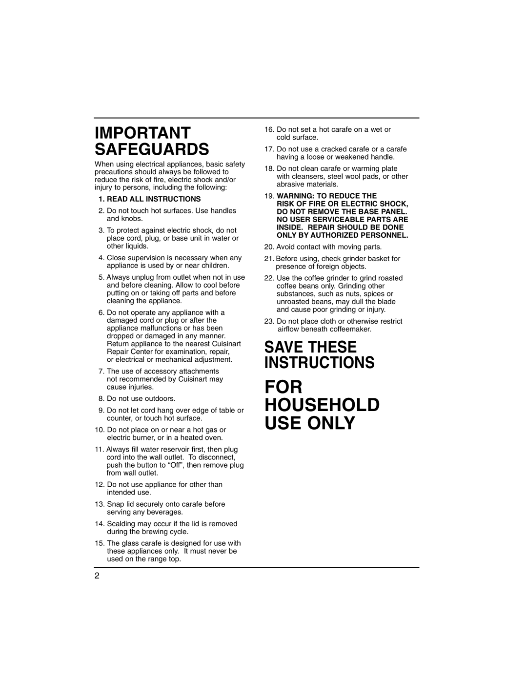 Cuisinart dgb300 manual For Household Use Only, Important Safeguards, Save These Instructions, Read All Instructions 