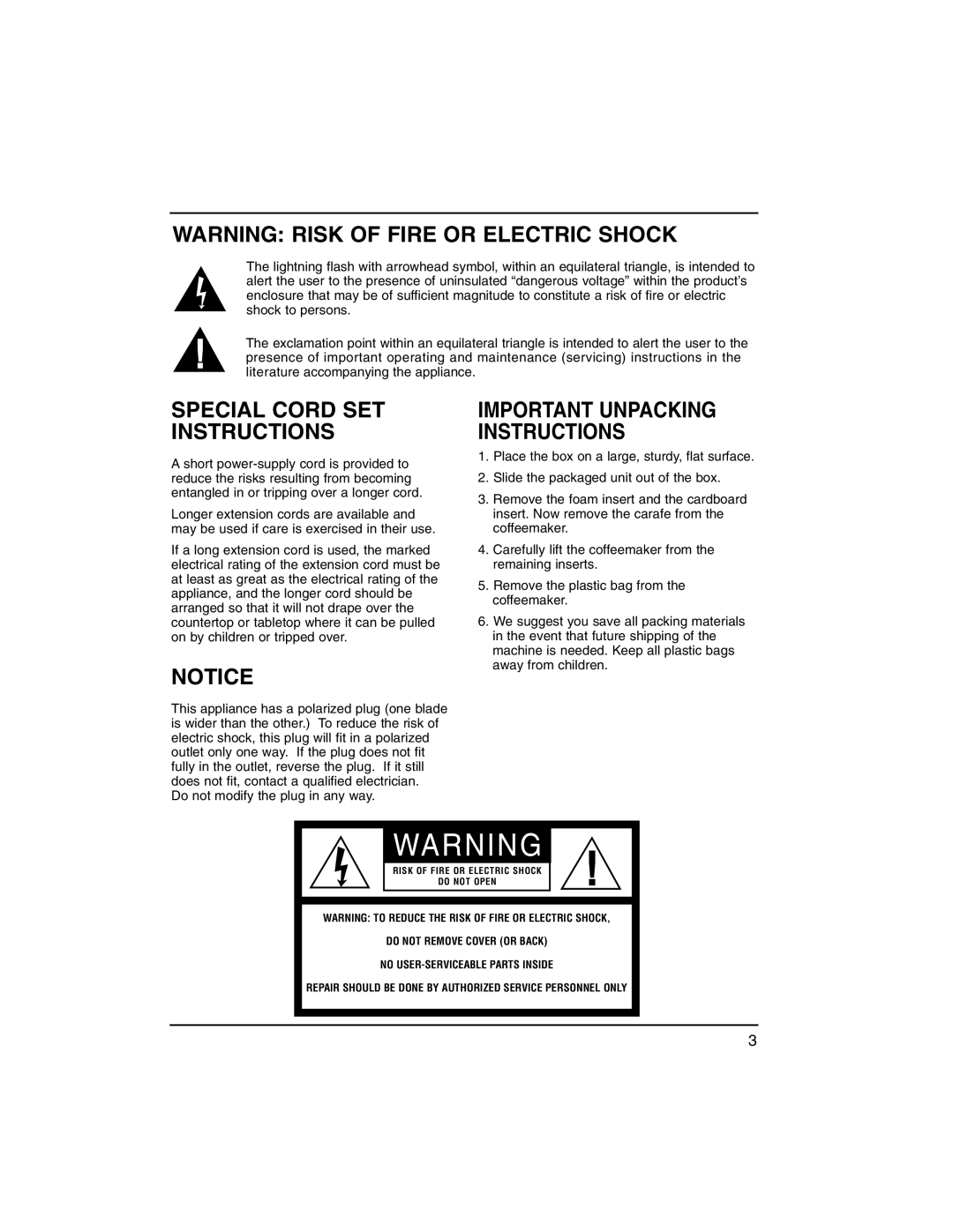 Cuisinart dgb300 Warning Risk Of Fire Or Electric Shock, Special Cord Set Instructions, Important Unpacking Instructions 