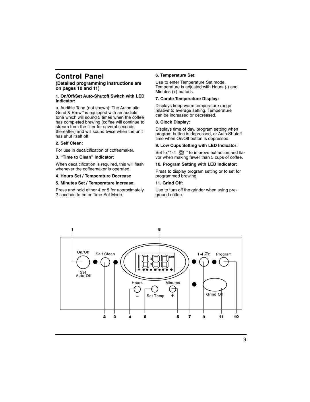 Cuisinart dgb300 manual Control Panel, Detailed programming instructions are on pages 10 and, Self Clean, Temperature Set 