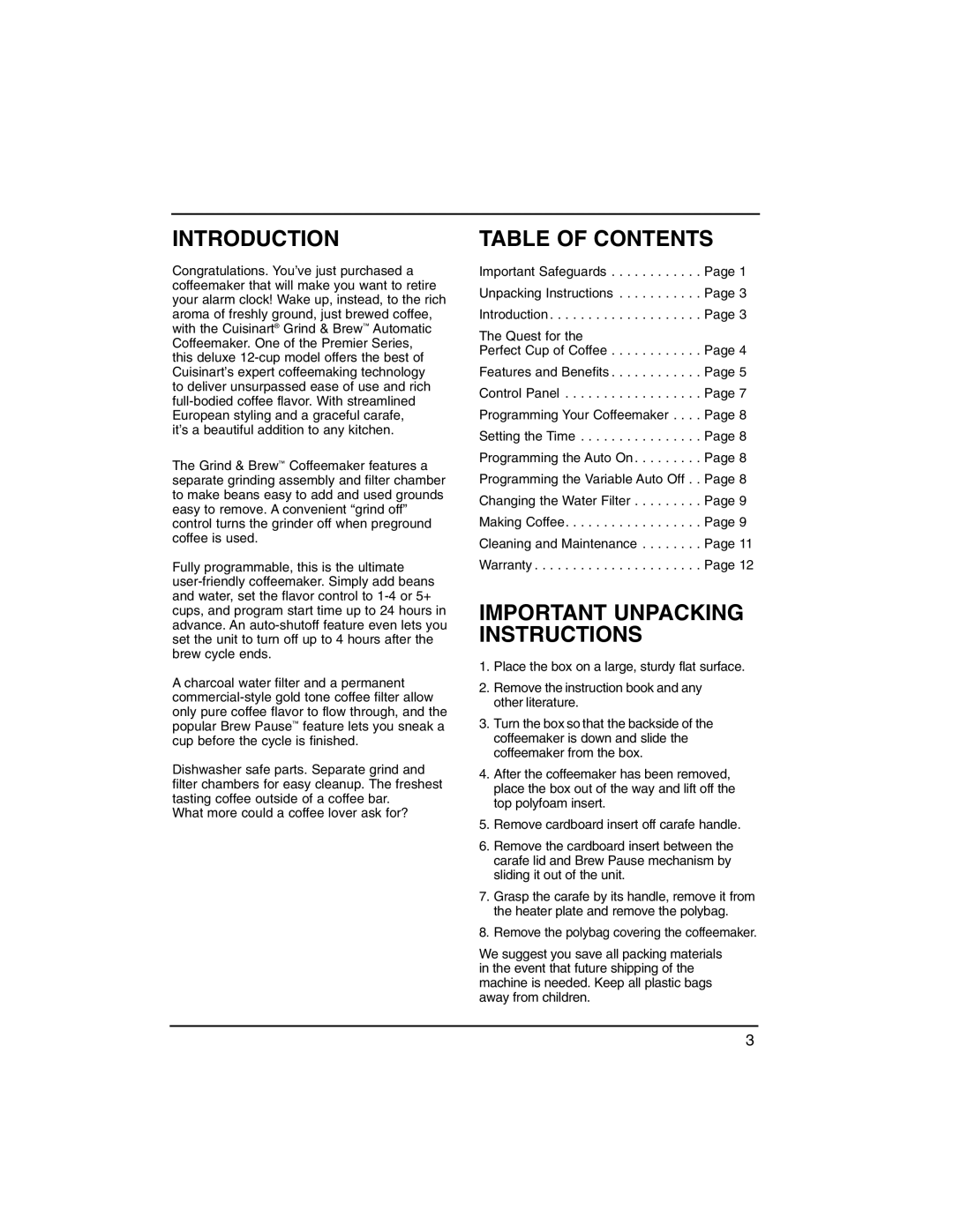 Cuisinart dgb500 manual Introduction, Table of Contents 