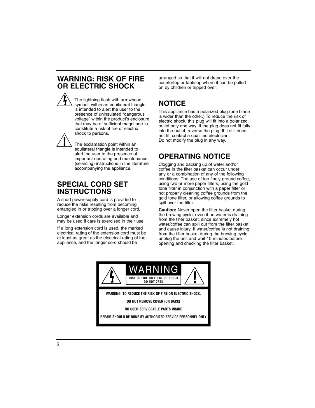 Cuisinart dgb500 manual Warning Risk Of Fire Or Electric Shock, Special Cord Set Instructions, Operating Notice 