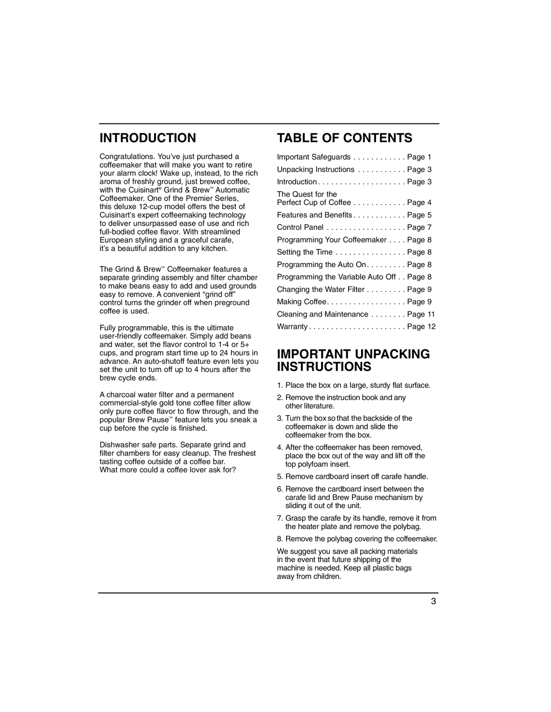 Cuisinart dgb500 manual Introduction, Table Of Contents, Important Unpacking Instructions 
