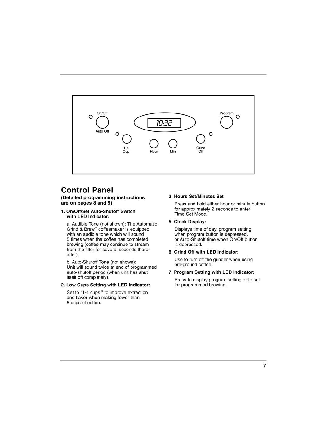Cuisinart dgb500 Control Panel, Detailed programming instructions are on pages 8 and, Low Cups Setting with LED Indicator 