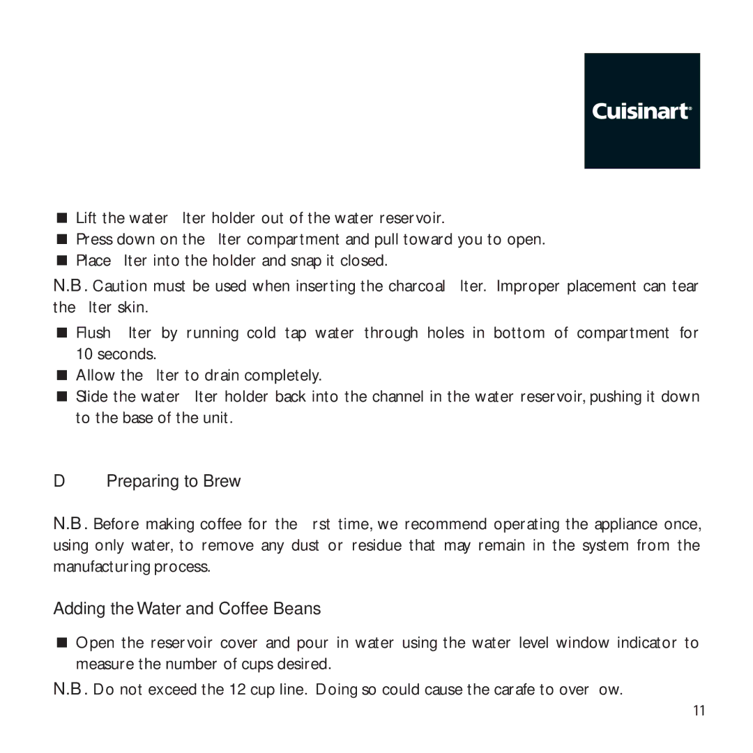 Cuisinart DGB625BCU manual Preparing to Brew, Adding the Water and Coffee Beans 