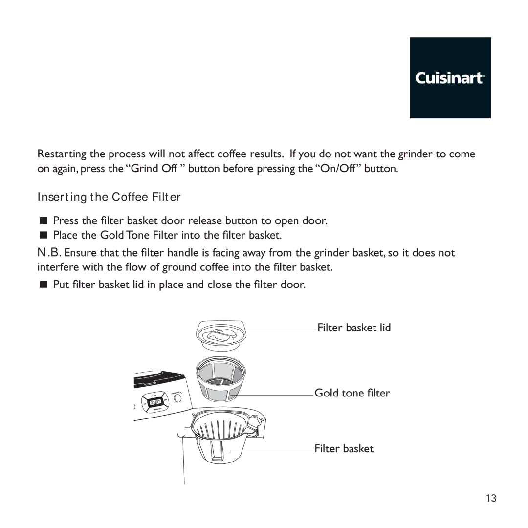 Cuisinart DGB625BCU manual Inserting the Coffee Filter 