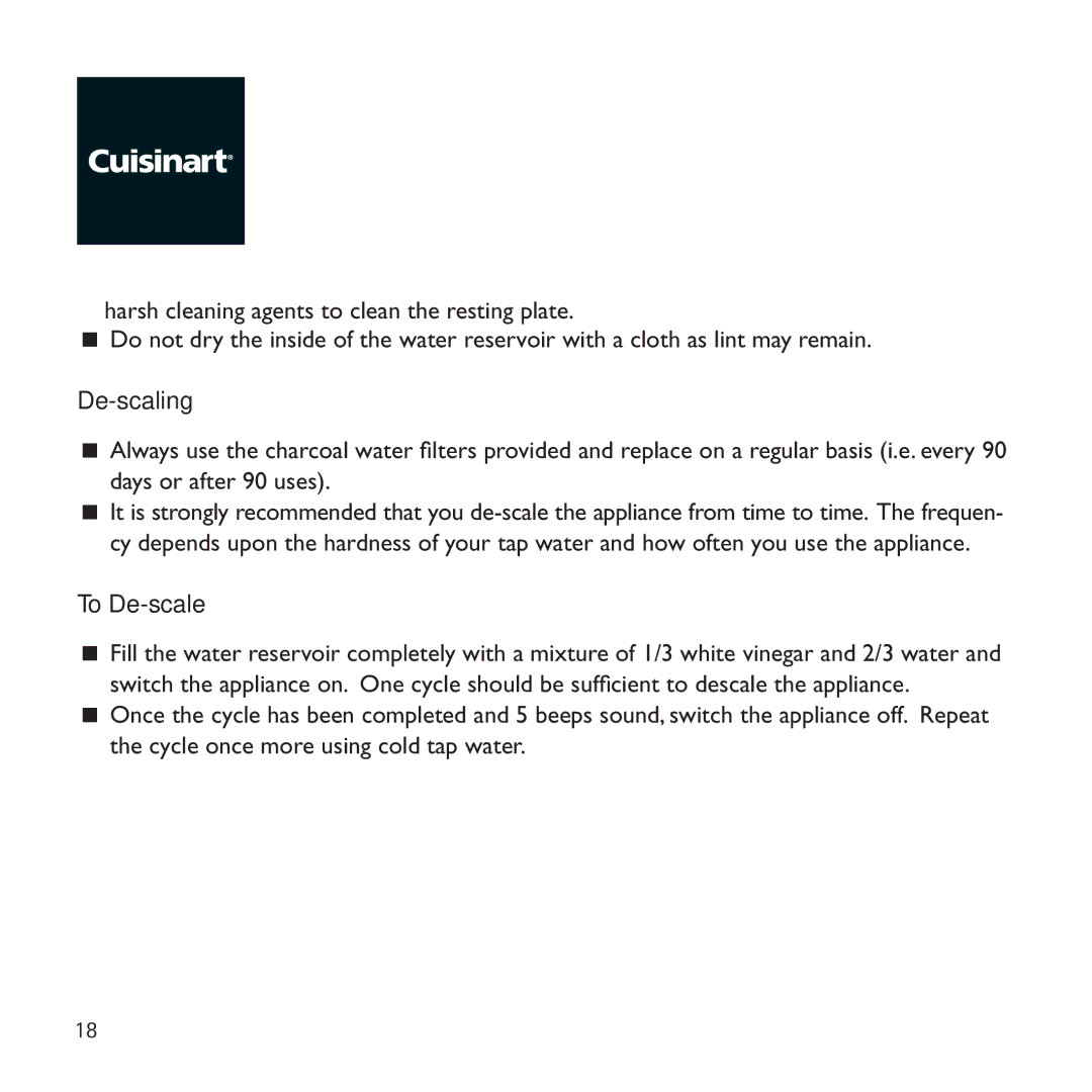 Cuisinart DGB625BCU manual De-scaling, To De-scale 