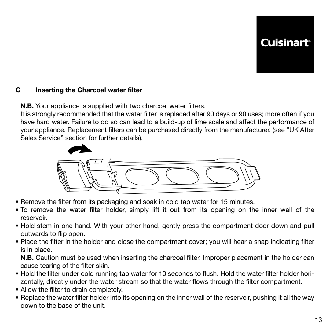 Cuisinart DGB900BCU manual Inserting the Charcoal water filter 