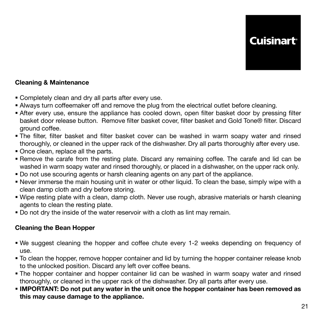 Cuisinart DGB900BCU manual Cleaning & Maintenance, Cleaning the Bean Hopper 