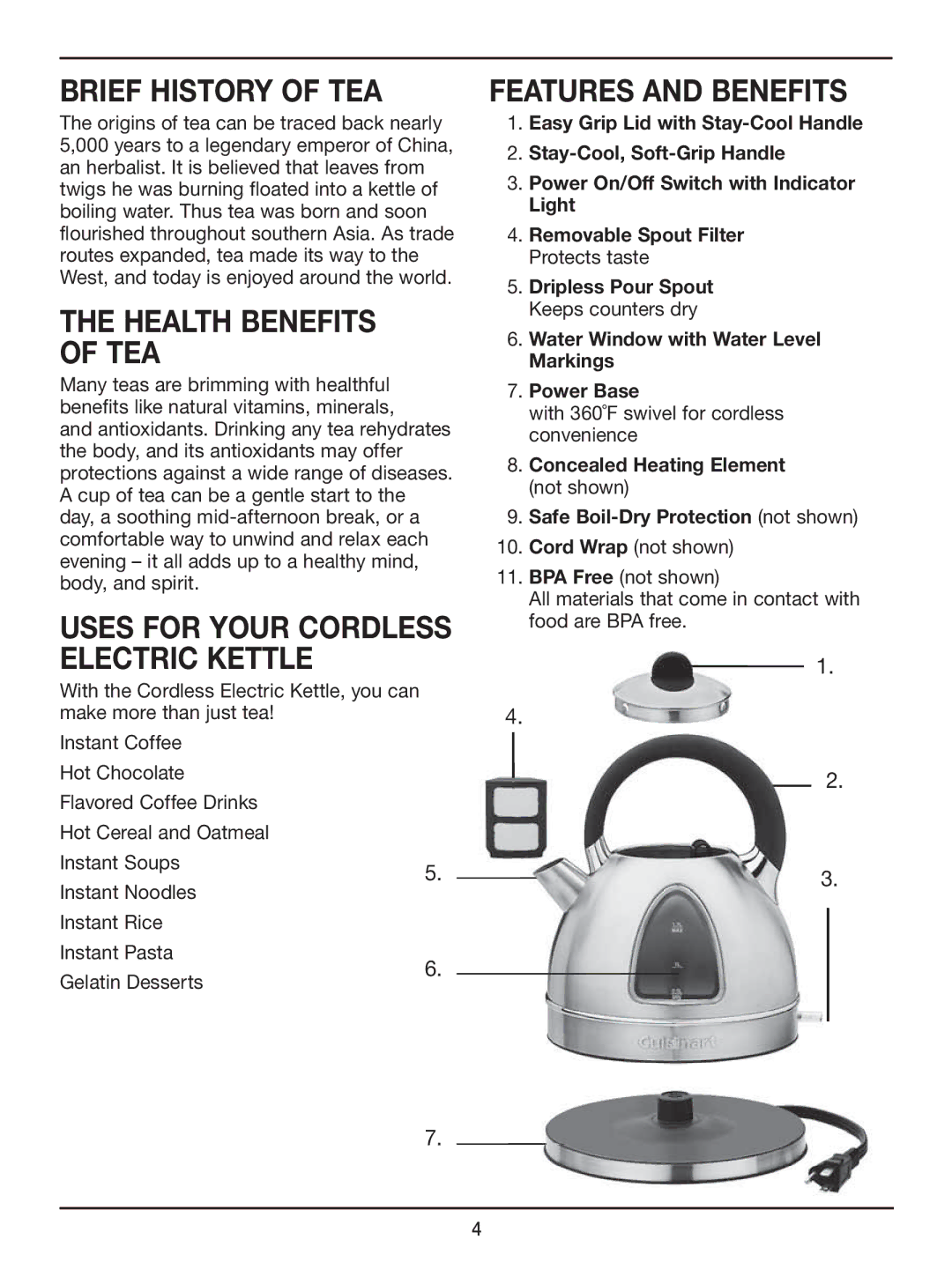 Cuisinart DK-17 manual Brief History of TEA, Health Benefits of TEA, Features and Benefits 