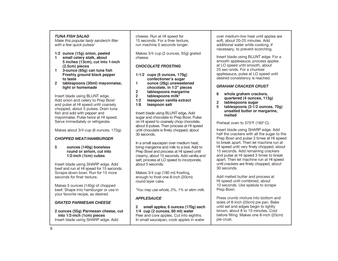 Cuisinart DLC-1 manual Tuna Fish Salad, Chopped MEAT/HAMBURGER, Grated Parmesan Cheese, Chocolate Frosting, Applesauce 