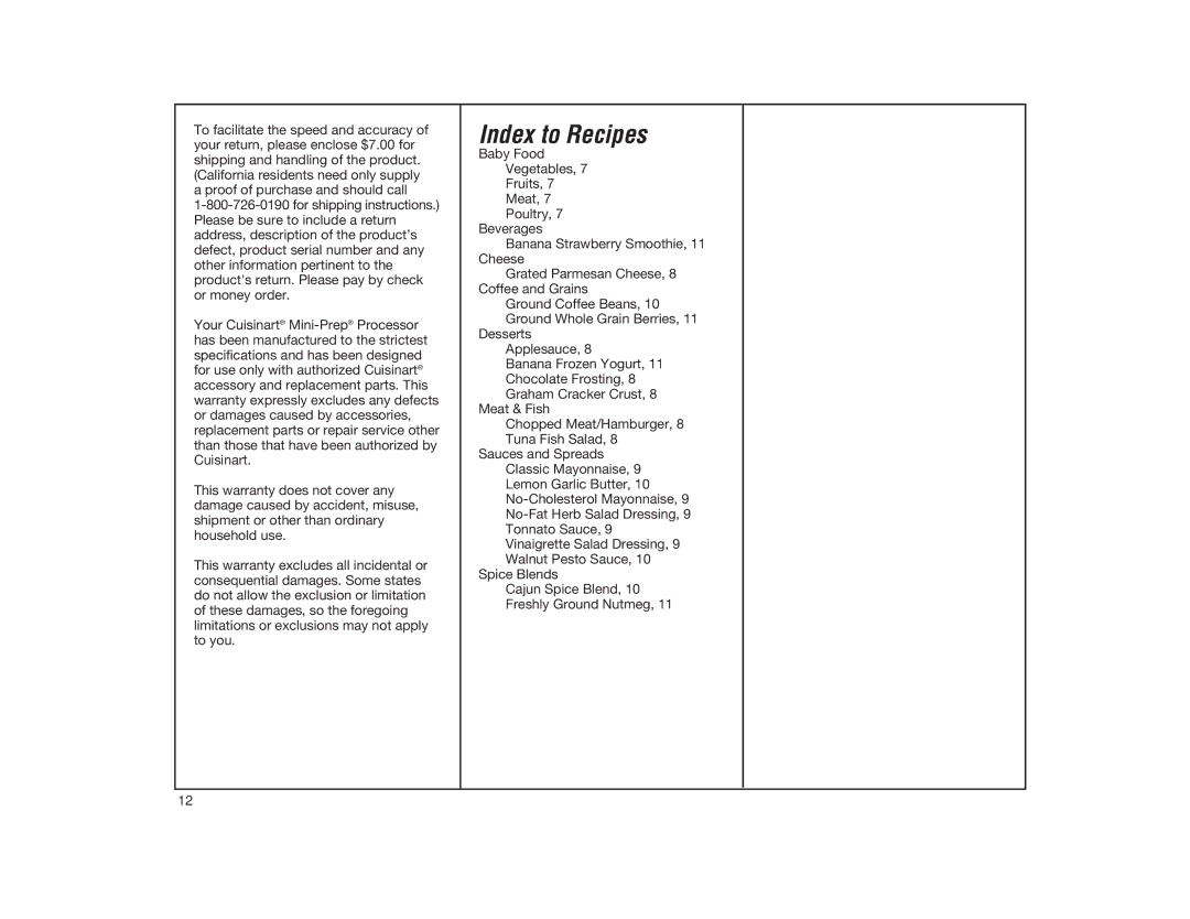 Cuisinart DLC-1 manual Index to Recipes 