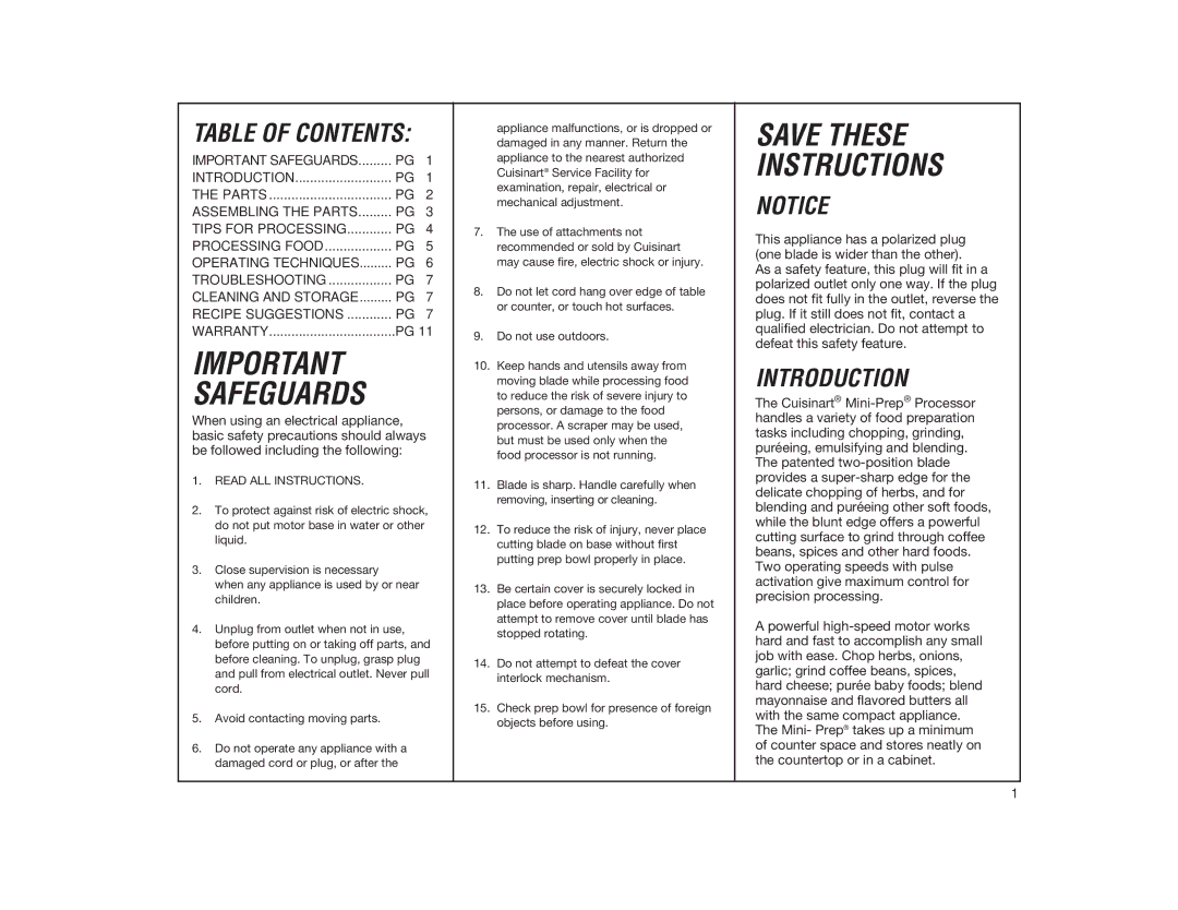 Cuisinart DLC-1 manual Safeguards 