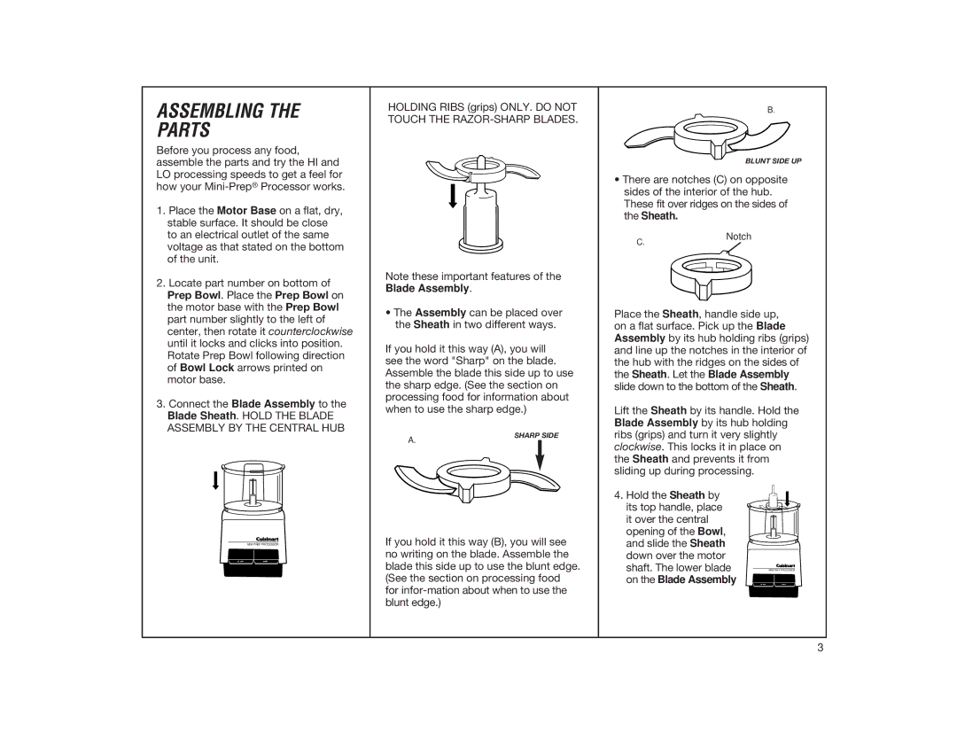 Cuisinart DLC-1 manual Assembling the Parts, Prep Bowl. Place the Prep Bowl on 