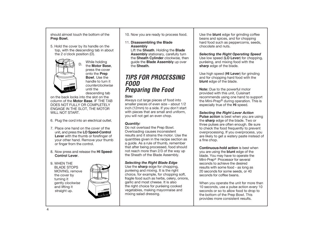 Cuisinart DLC-1 manual Tips for Processing Food, Size, Quantity 