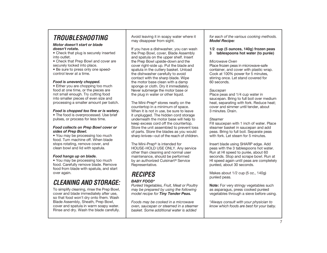 Cuisinart DLC-1 manual Troubleshooting, Recipes, Baby Food 