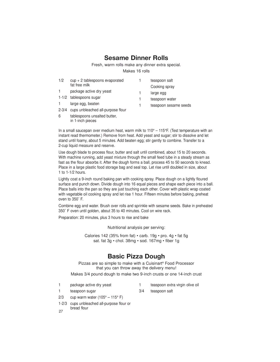 Cuisinart DLC-2007 manual Sesame Dinner Rolls, Basic Pizza Dough 