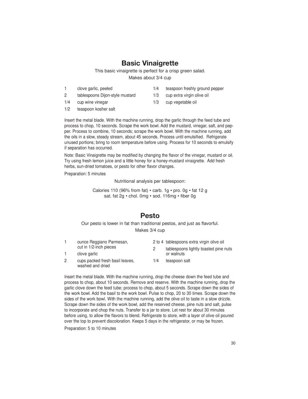 Cuisinart DLC-2007 manual Basic Vinaigrette, Pesto, Cup extra virgin olive oil, Preparation 5 to 10 minutes 