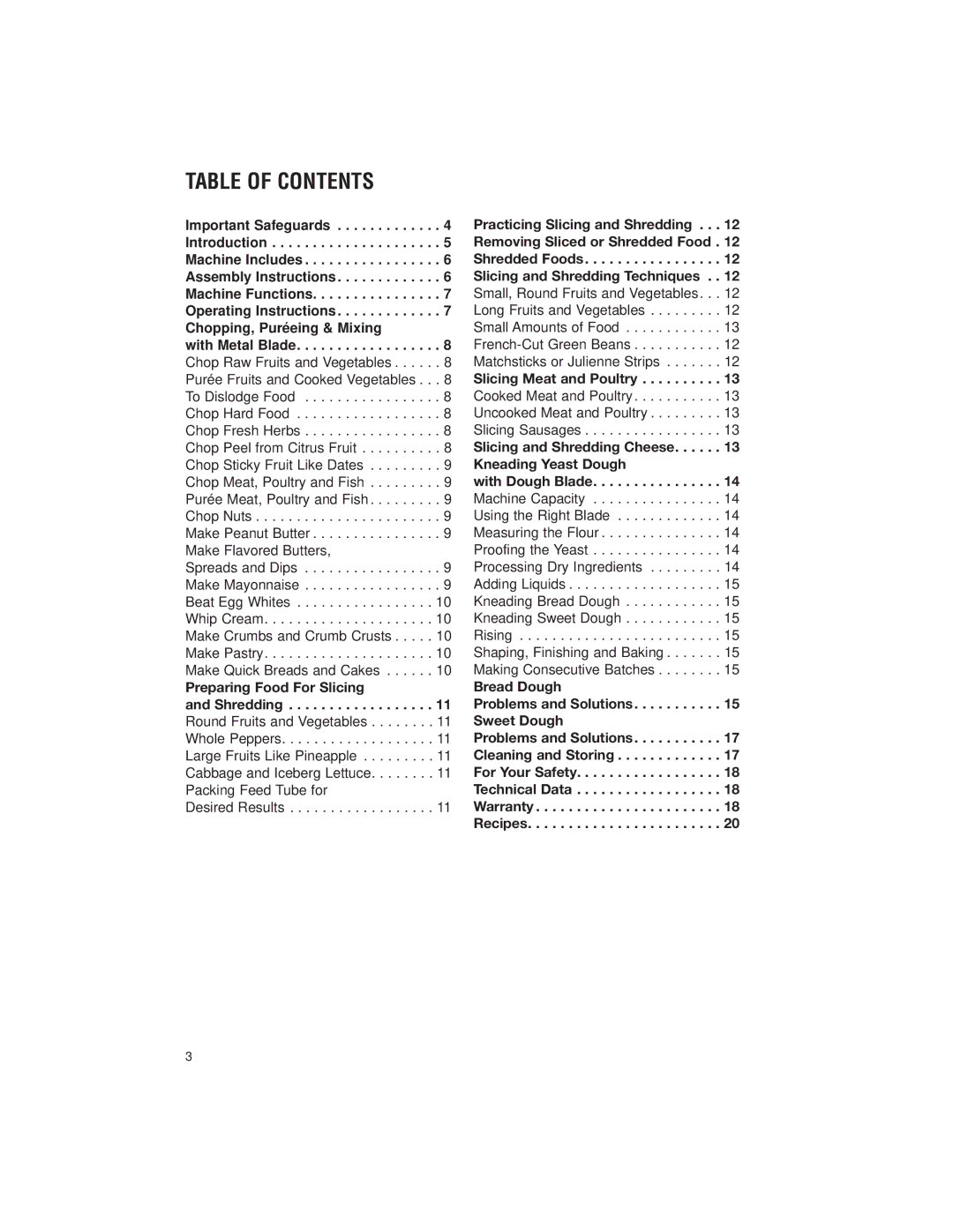 Cuisinart DLC-2007 manual Table of Contents 