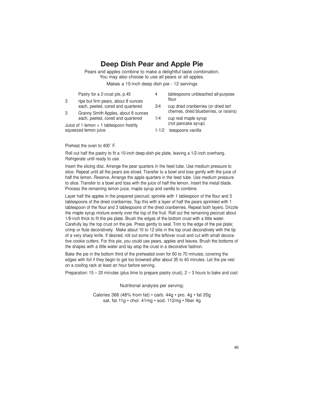 Cuisinart DLC-2007 manual Deep Dish Pear and Apple Pie 