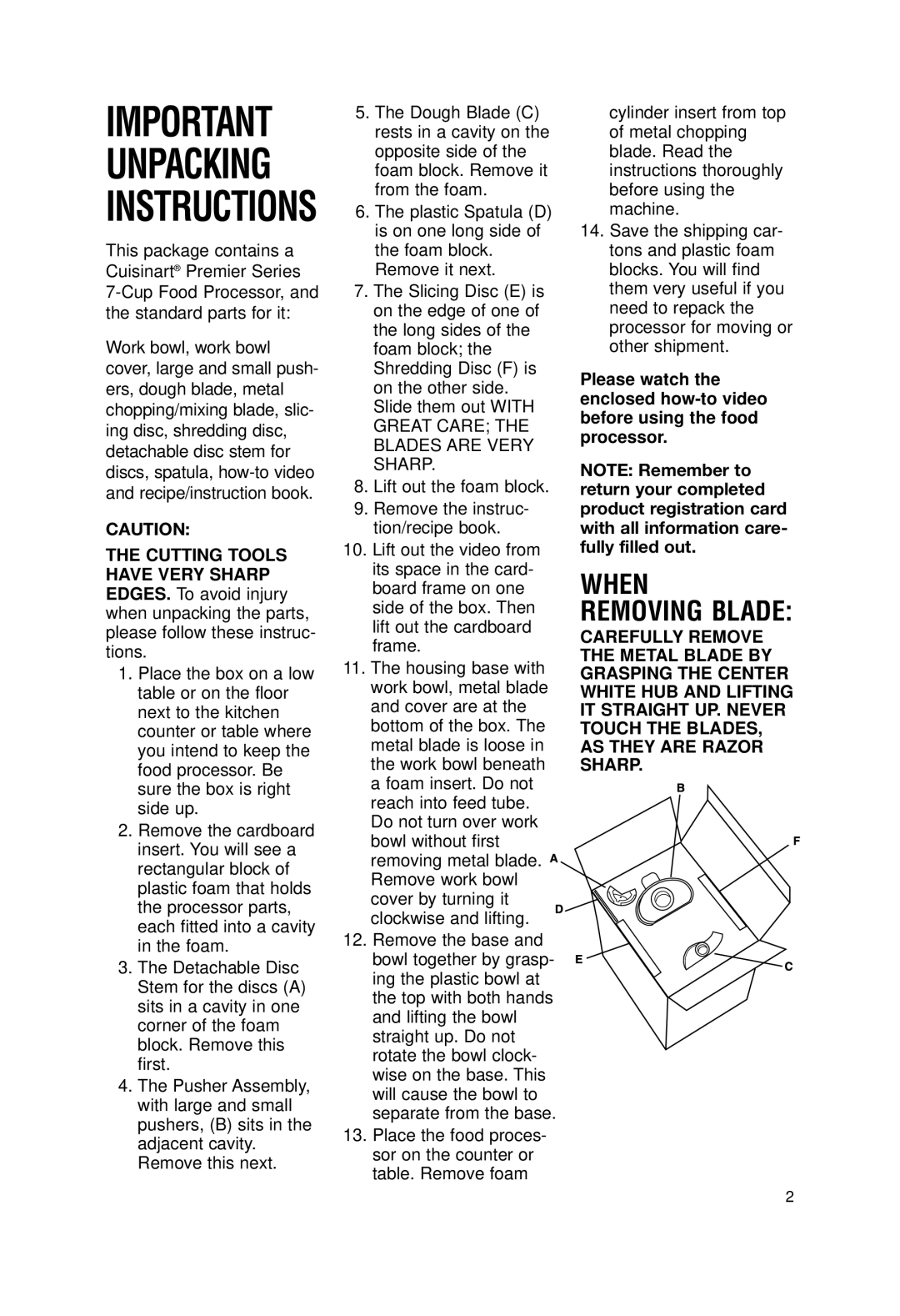 Cuisinart DLC-2007N manual Important Unpacking Instructions, When 