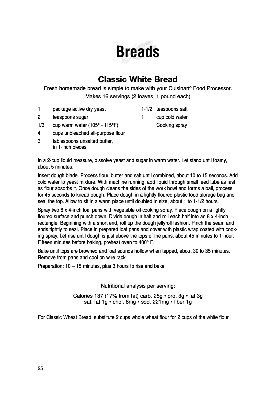 Cuisinart DLC-2007N manual Breads, Classic White Bread 