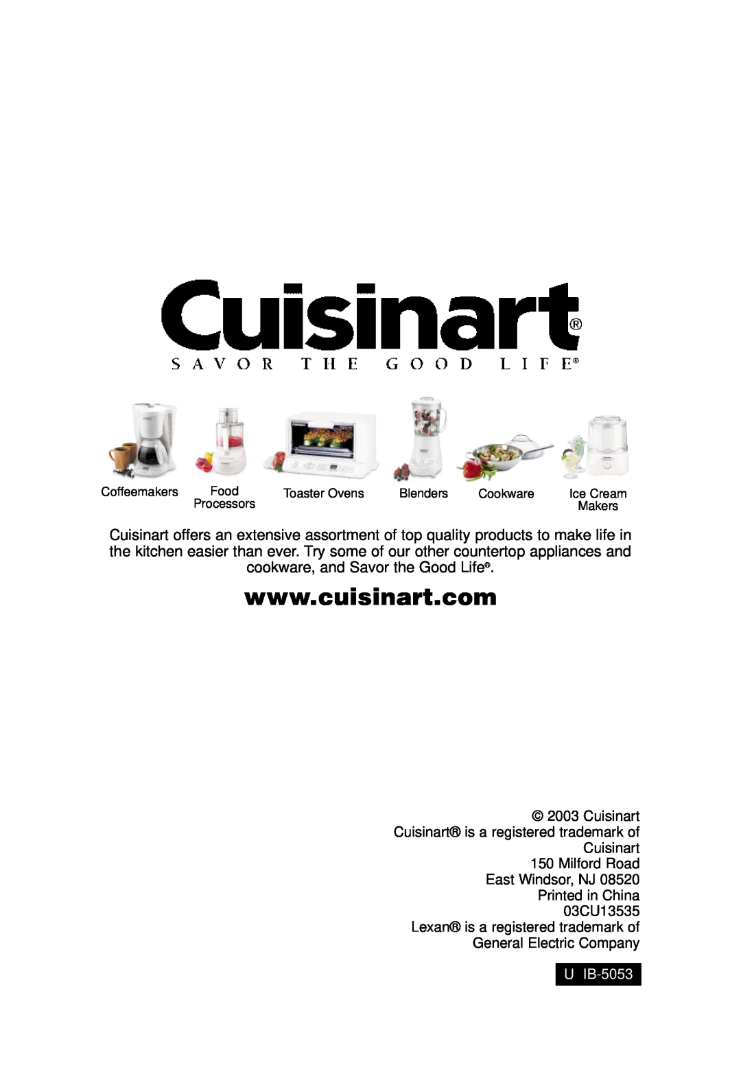 Cuisinart DLC-2007N manual U IB-5053, Coffeemakers, Food, Toaster Ovens, Blenders, Cookware, Ice Cream, Processors, Makers 