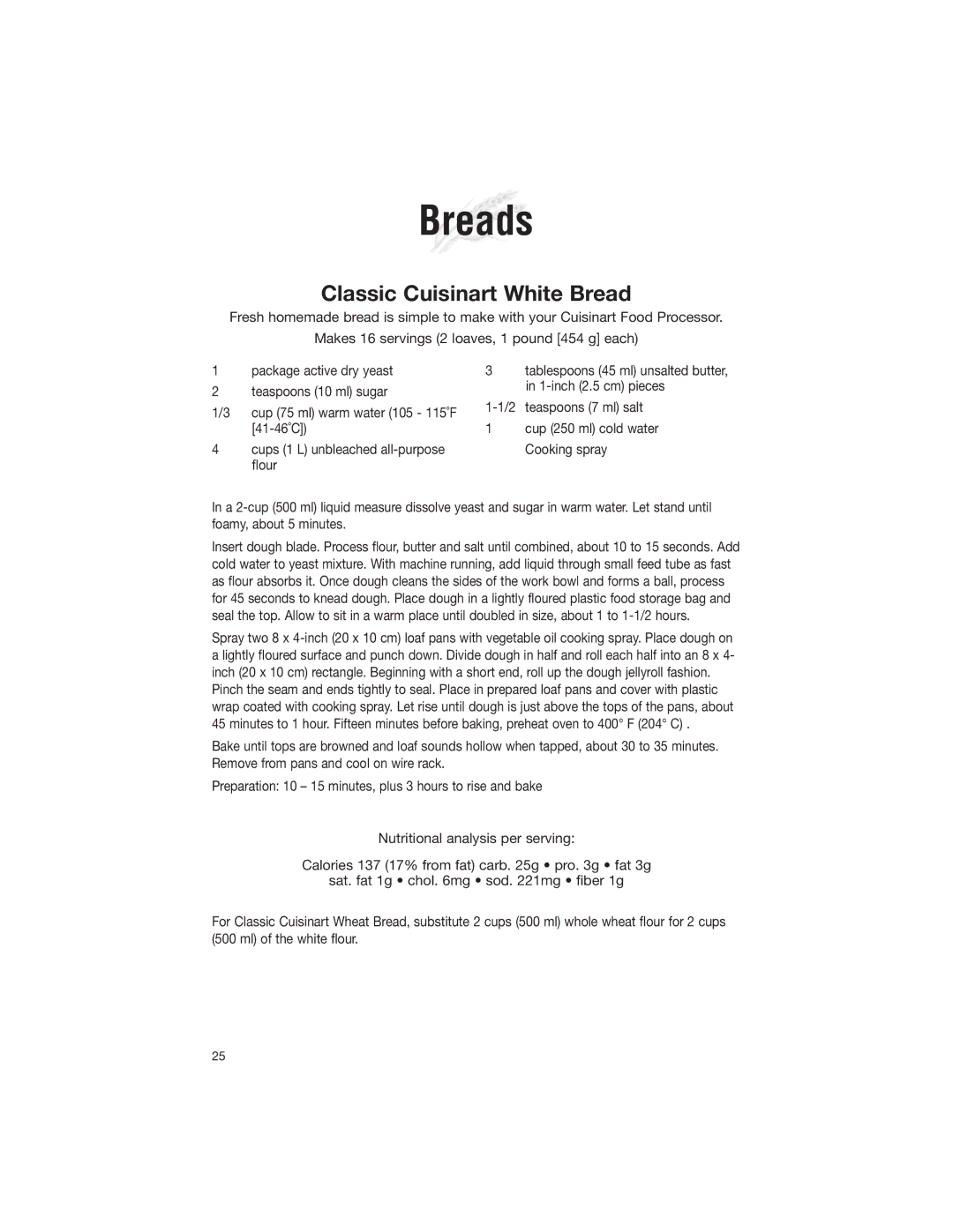 Cuisinart DLC-2007NC manual Breads, Classic Cuisinart White Bread 