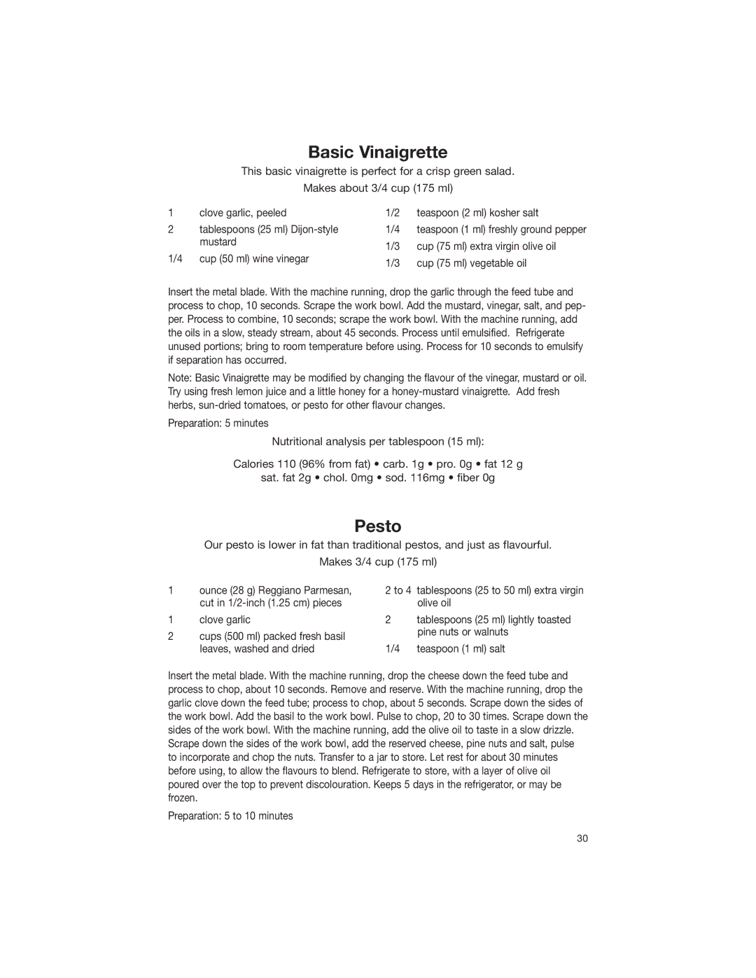 Cuisinart DLC-2007NC manual Basic Vinaigrette, Pesto, Clove garlic, Preparation 5 to 10 minutes 