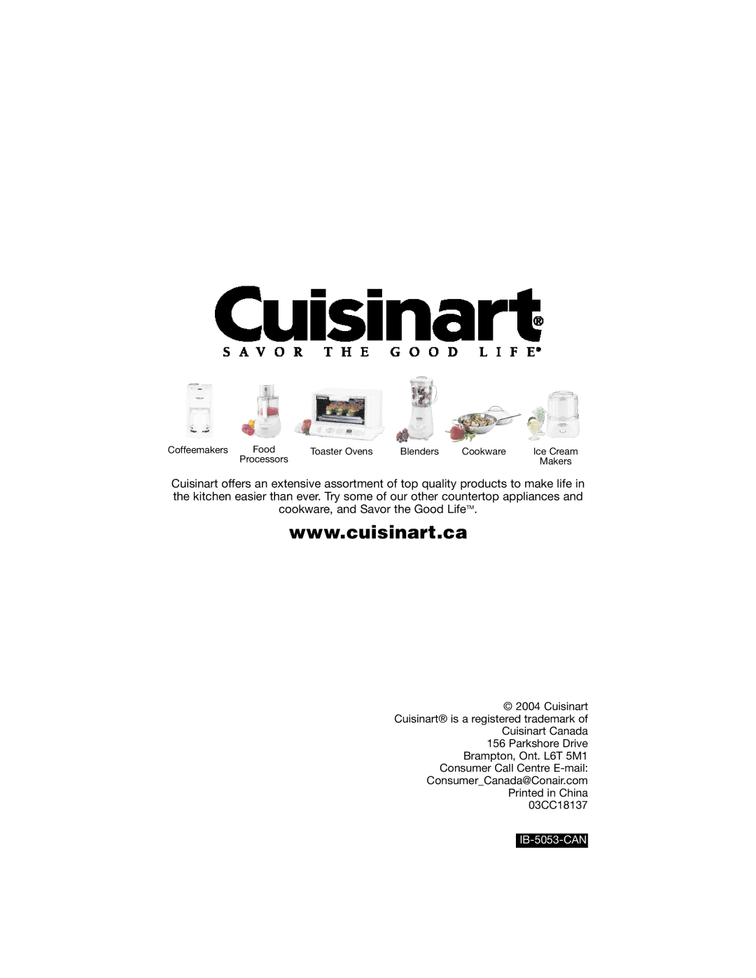 Cuisinart DLC-2007NC manual IB-5053-CAN 