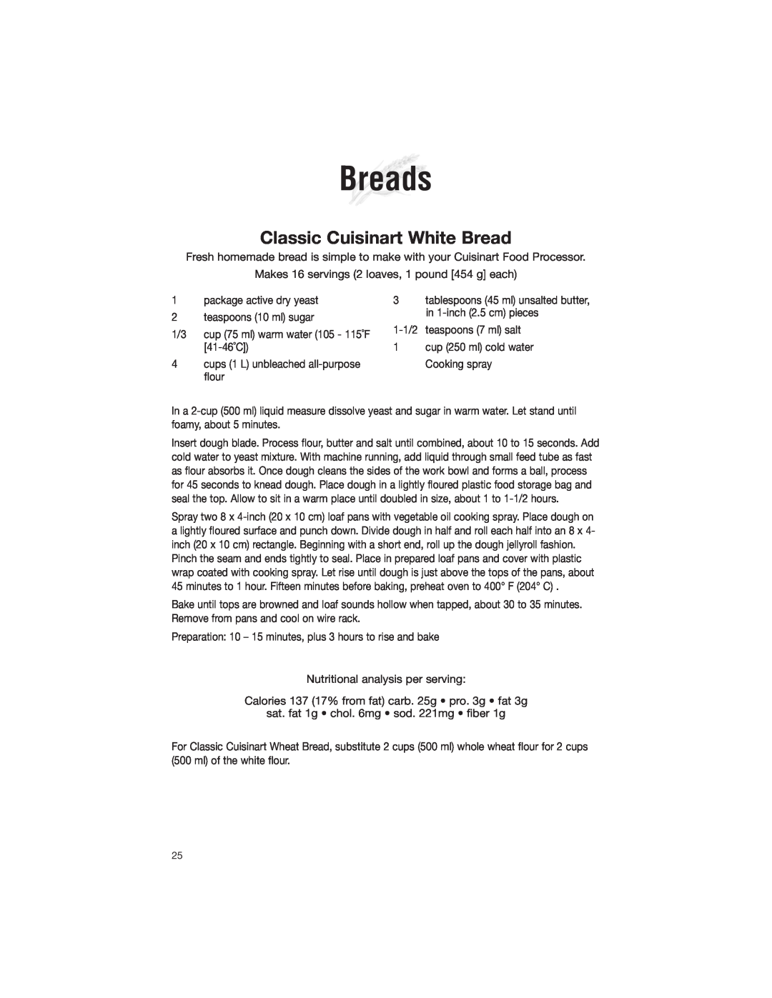 Cuisinart DLC-2007NC manual Breads, Classic Cuisinart White Bread 