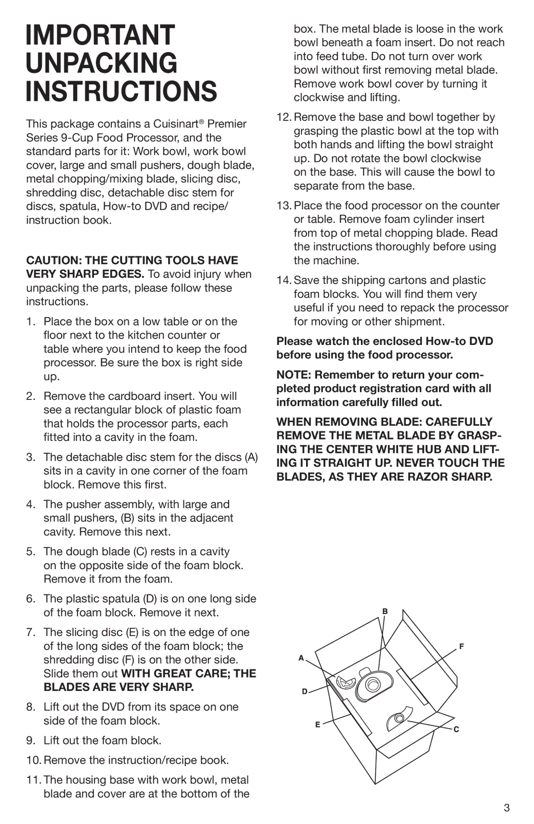 Cuisinart DLC-2009CHB manual Important Unpacking Instructions 