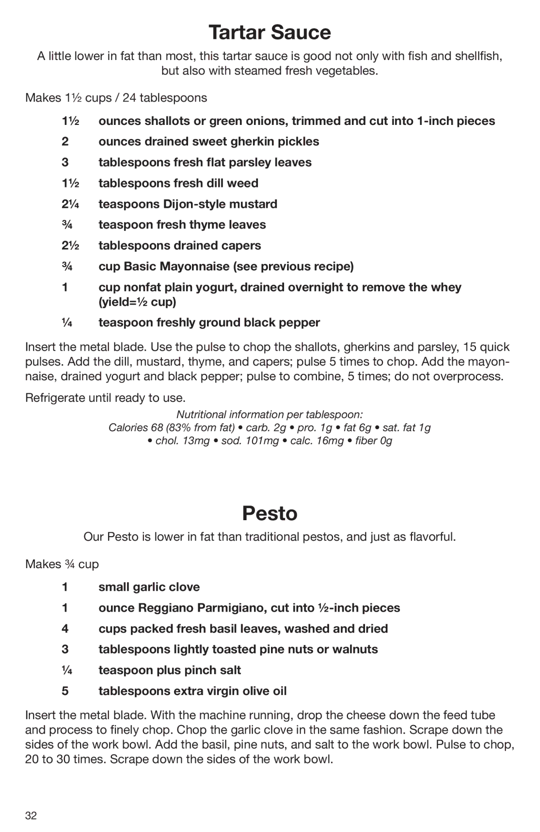 Cuisinart DLC-2009CHB manual Tartar Sauce, Pesto 