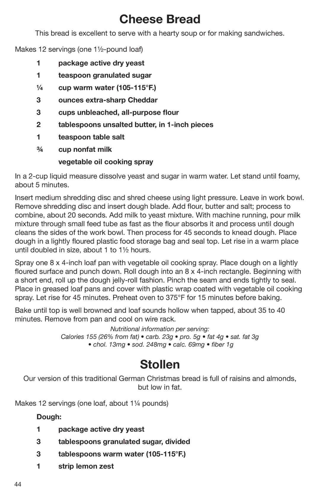 Cuisinart DLC-2009CHB manual Cheese Bread, Stollen 