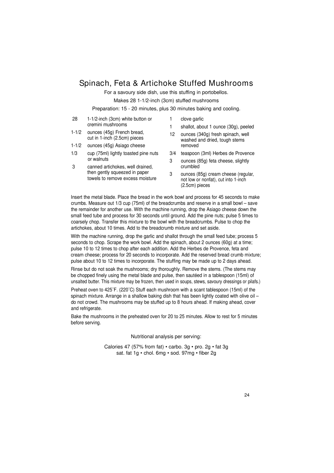 Cuisinart DLC-2011C manual Spinach, Feta & Artichoke Stuffed Mushrooms 