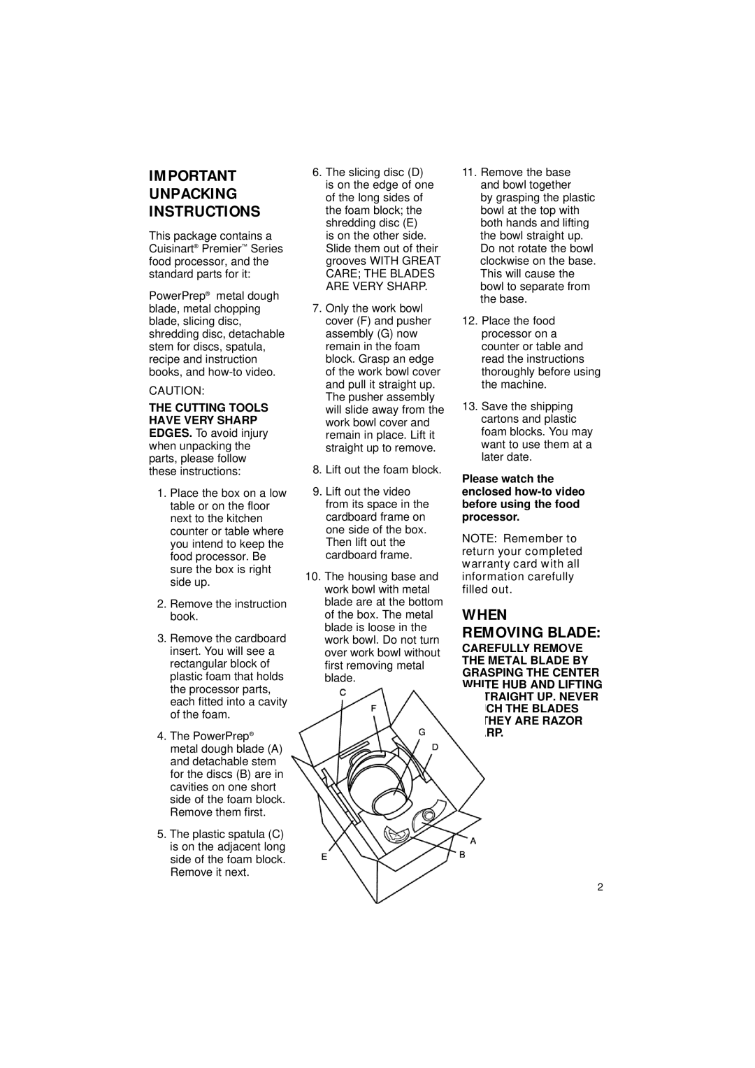 Cuisinart DLC-2011C manual When, Important Unpacking Instructions 