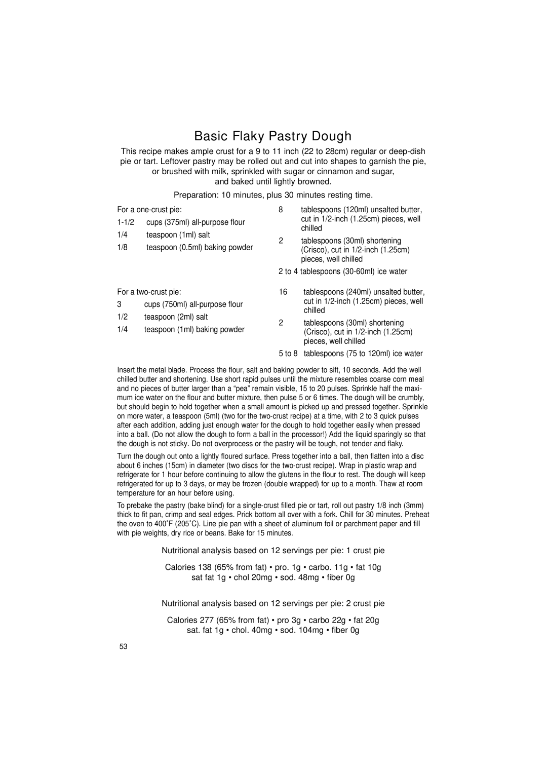 Cuisinart DLC-2011C Basic Flaky Pastry Dough, Cups 375ml all-purpose flour, Teaspoon 1ml salt Tablespoons 30ml shortening 