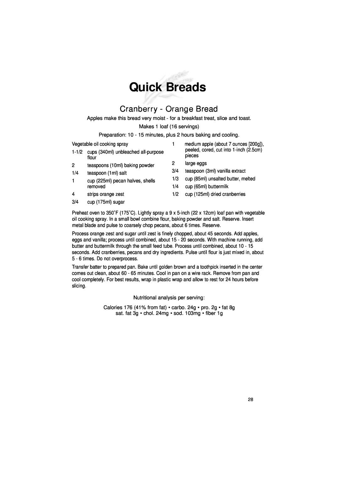 Cuisinart DLC-2011C manual Quick Breads, Cranberry - Orange Bread 