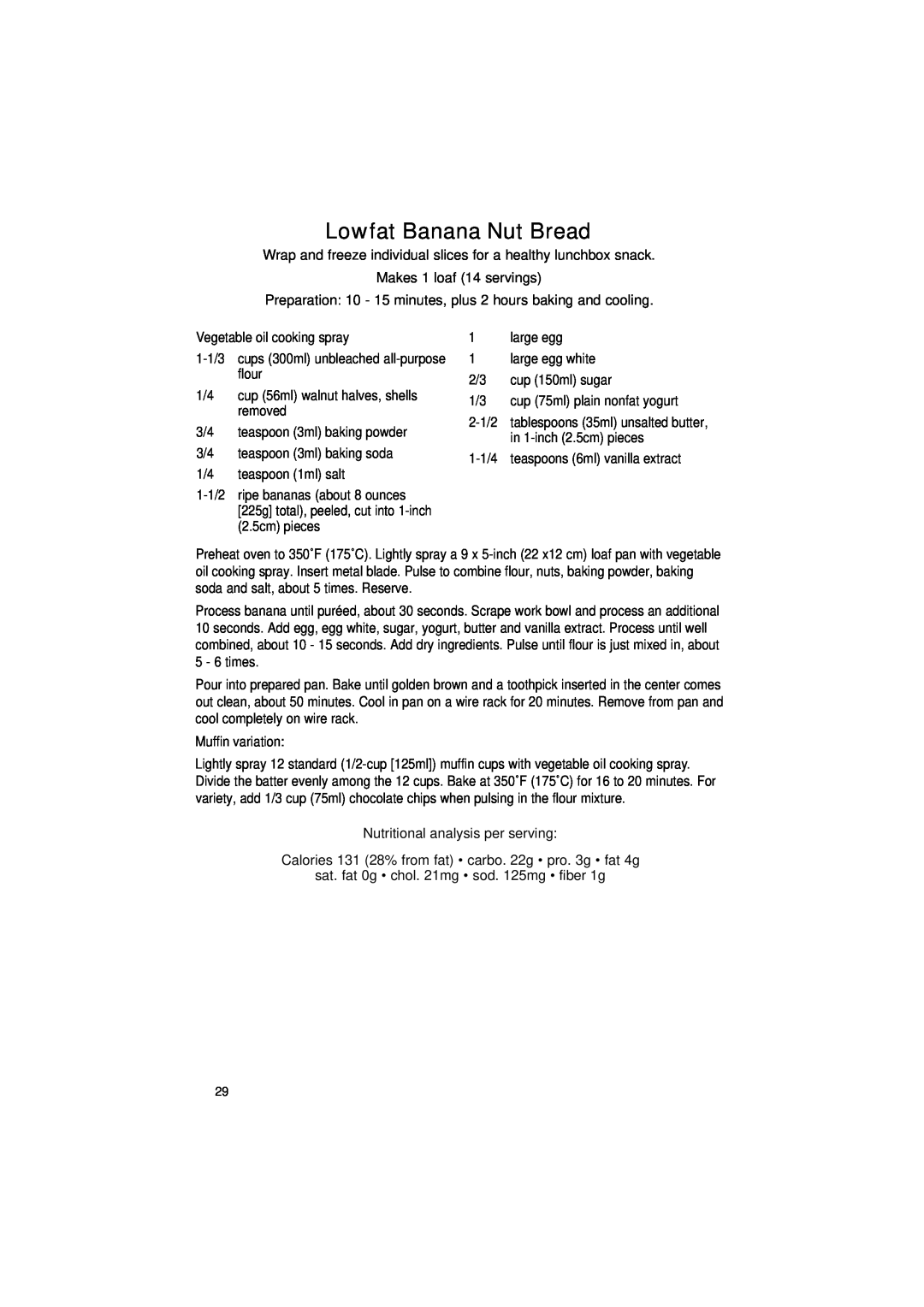 Cuisinart DLC-2011C manual Lowfat Banana Nut Bread 