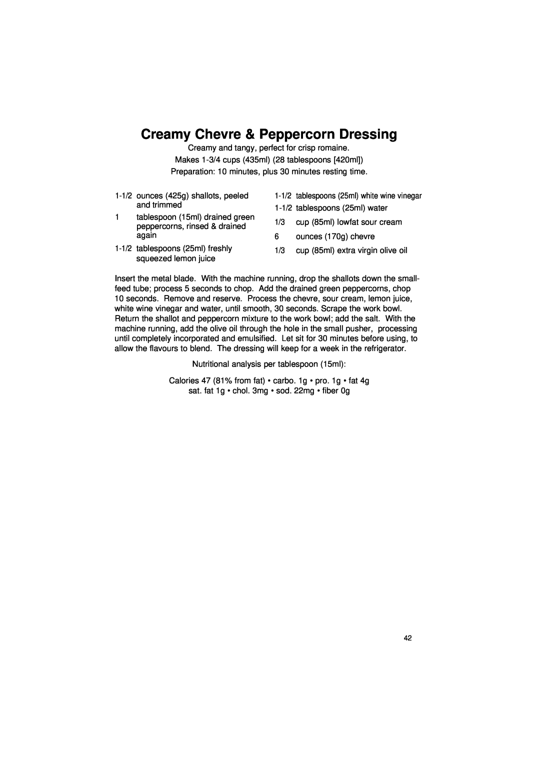 Cuisinart DLC-2011C manual Creamy Chevre & Peppercorn Dressing 