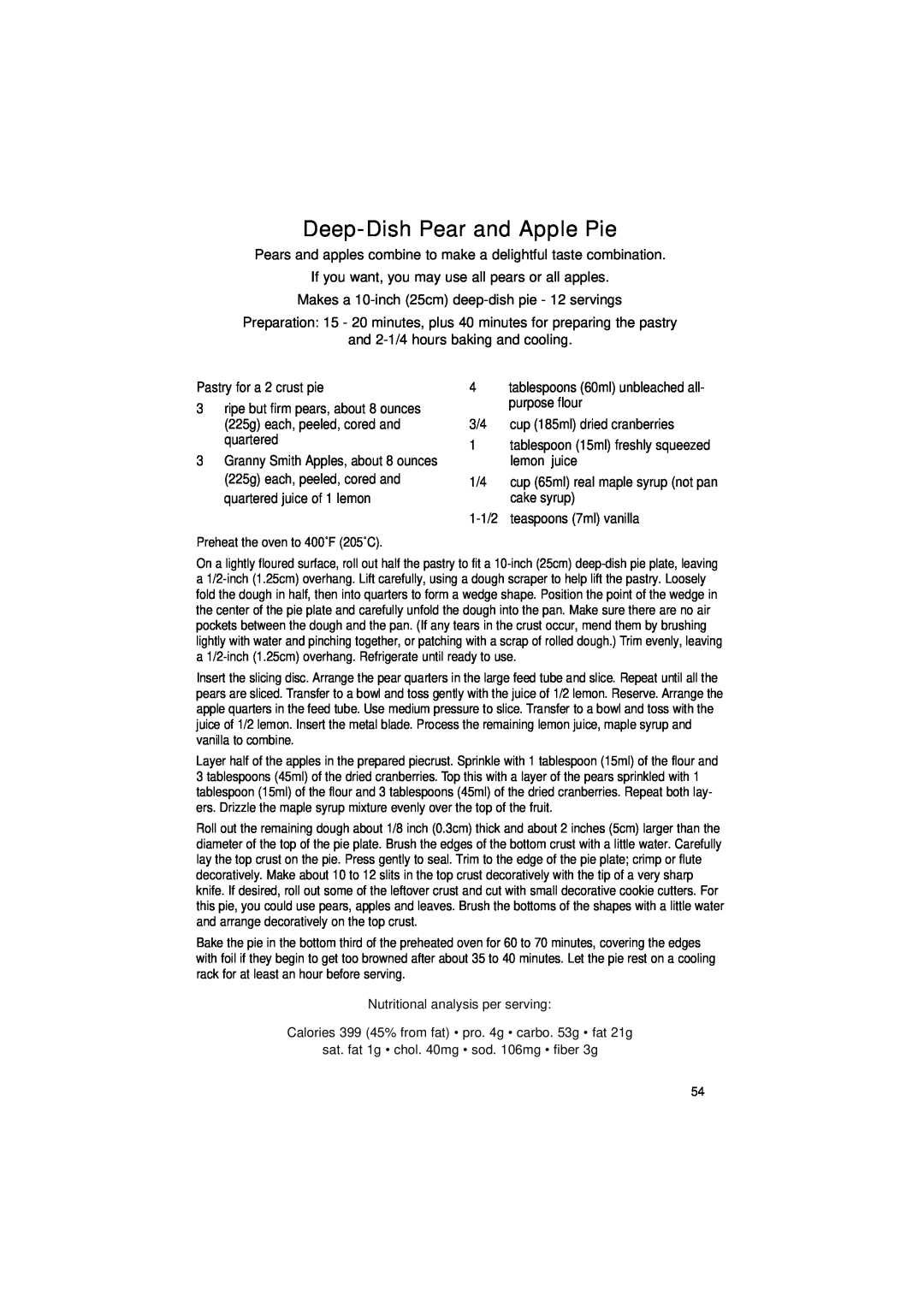 Cuisinart DLC-2011C manual Deep-Dish Pear and Apple Pie 