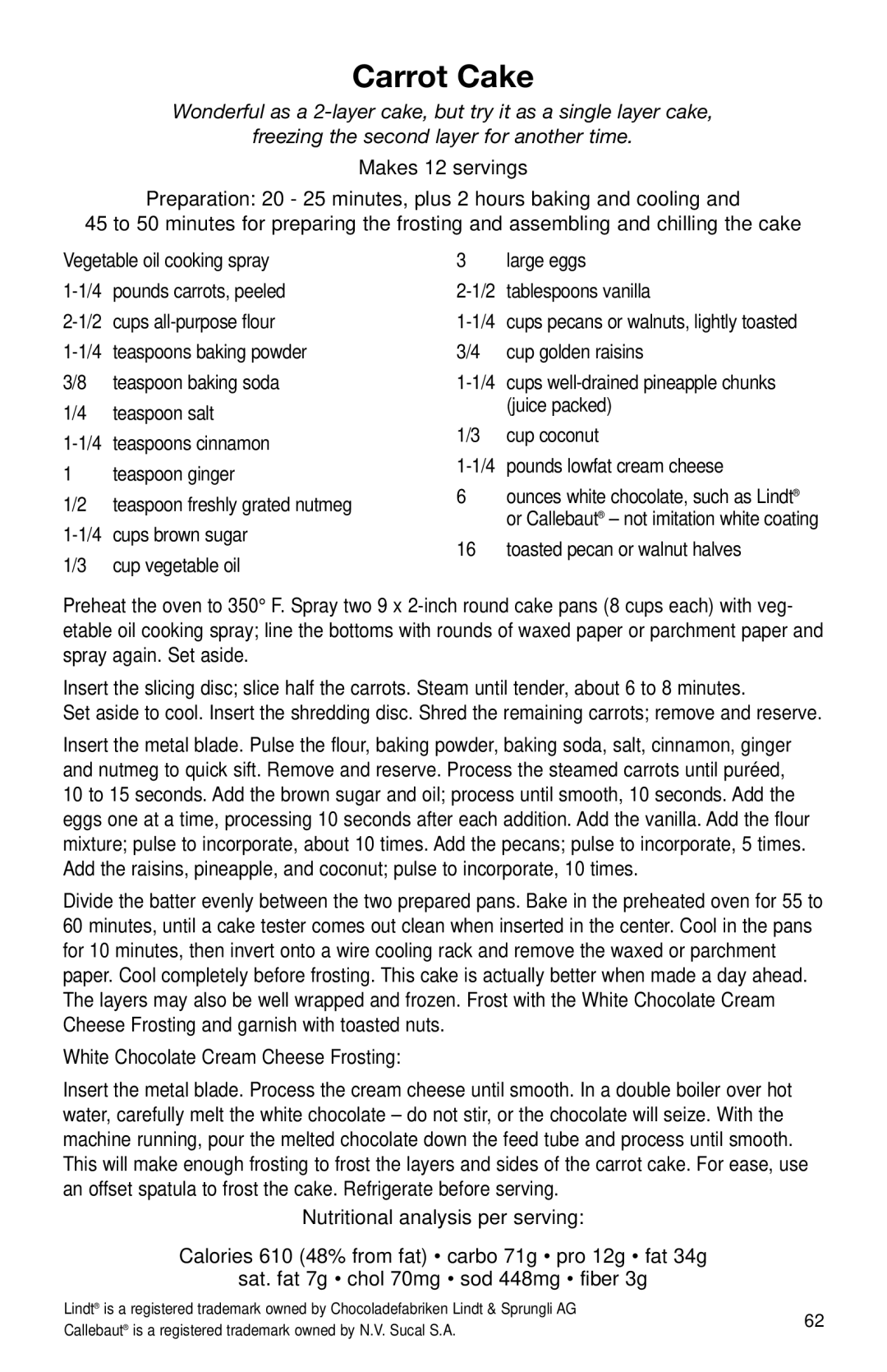 Cuisinart DLC-2011N manual Carrot Cake, White Chocolate Cream Cheese Frosting 