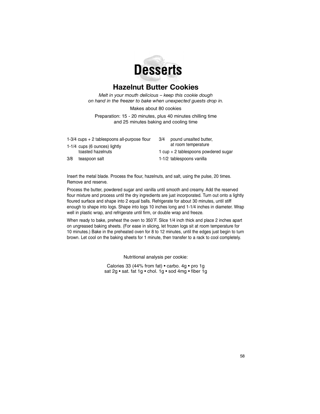 Cuisinart DLC-2011WBN-1, DLC-2011WWBN-1, DLC-2011WBC manual Desserts, Hazelnut Butter Cookies, Pound unsalted butter 