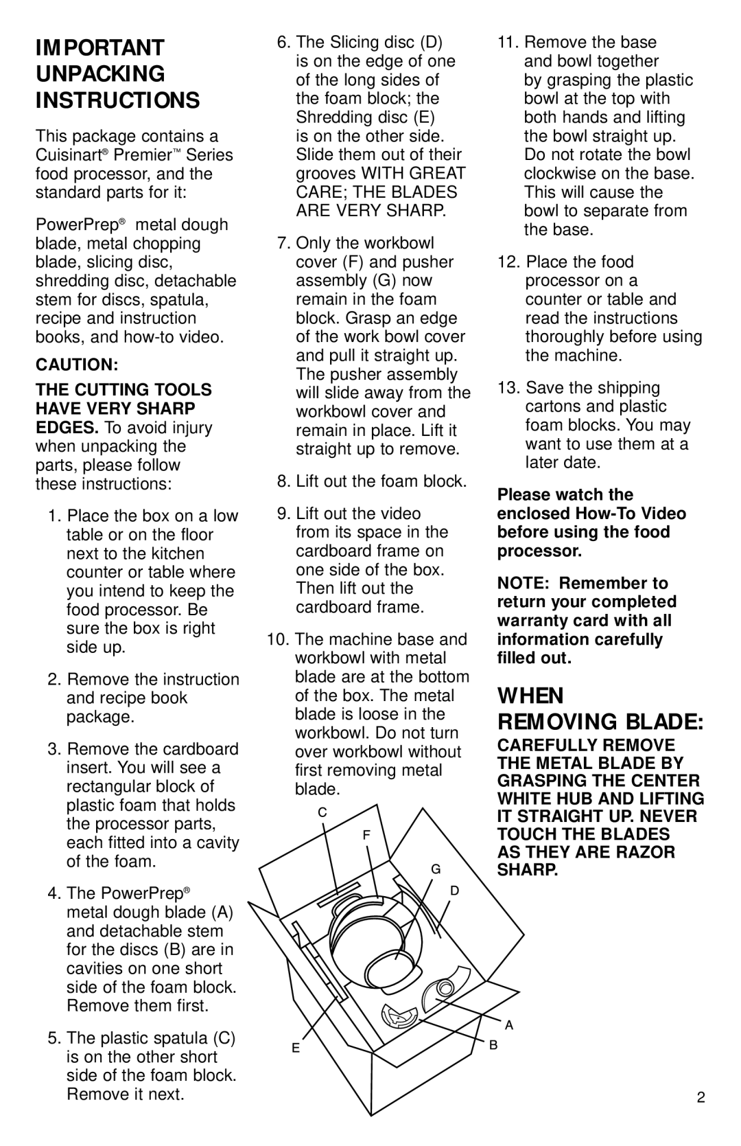 Cuisinart DLC-2014 manual When, Important Unpacking Instructions 