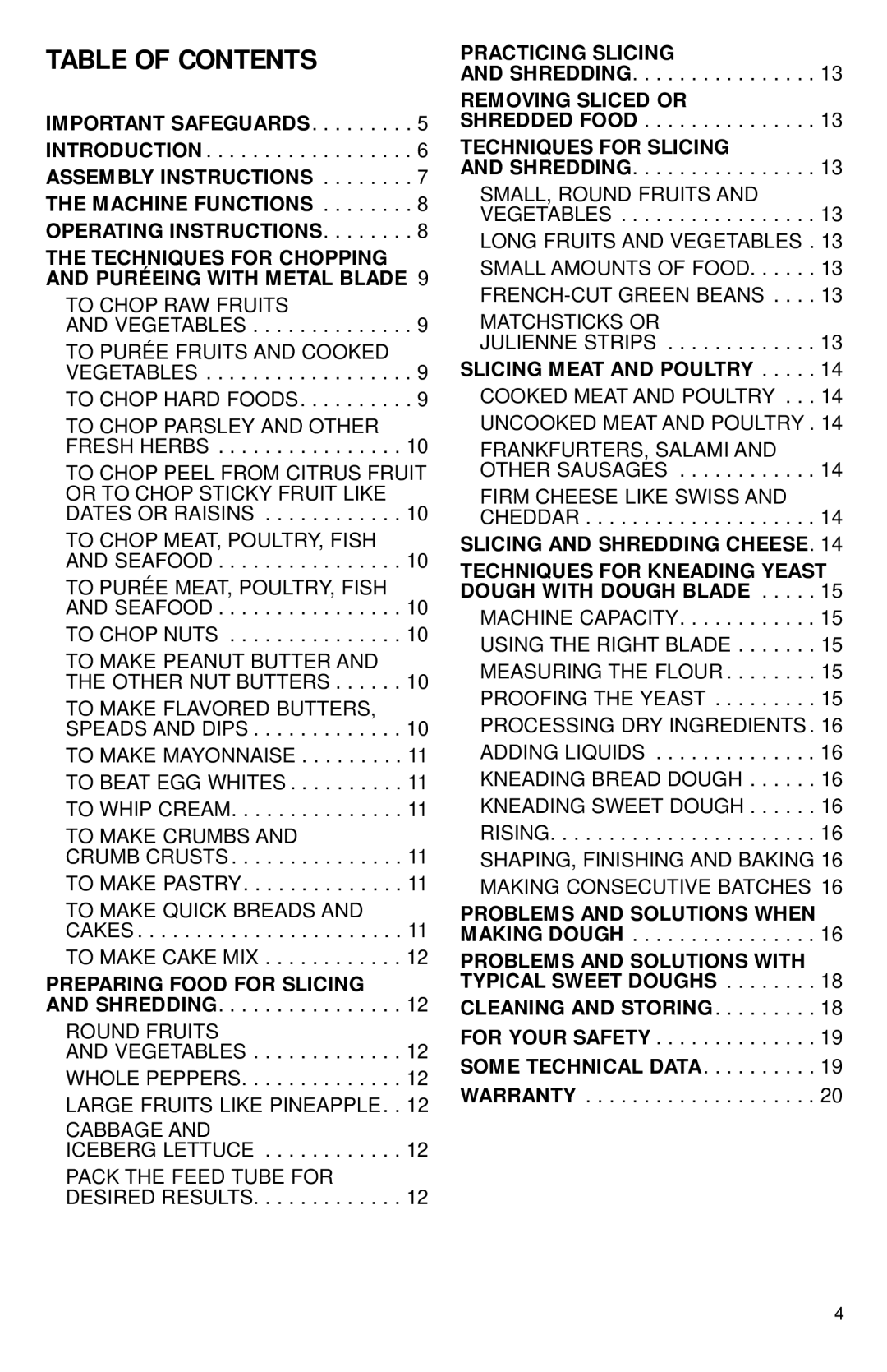 Cuisinart DLC-2014 manual Table of Contents 