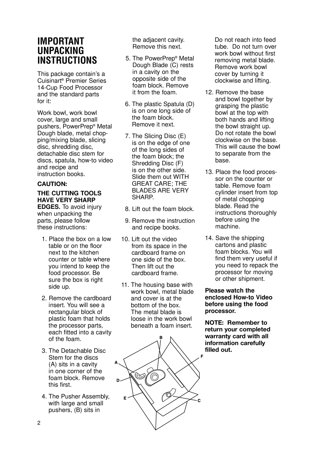 Cuisinart DLC-2014N manual Unpacking Instructions 