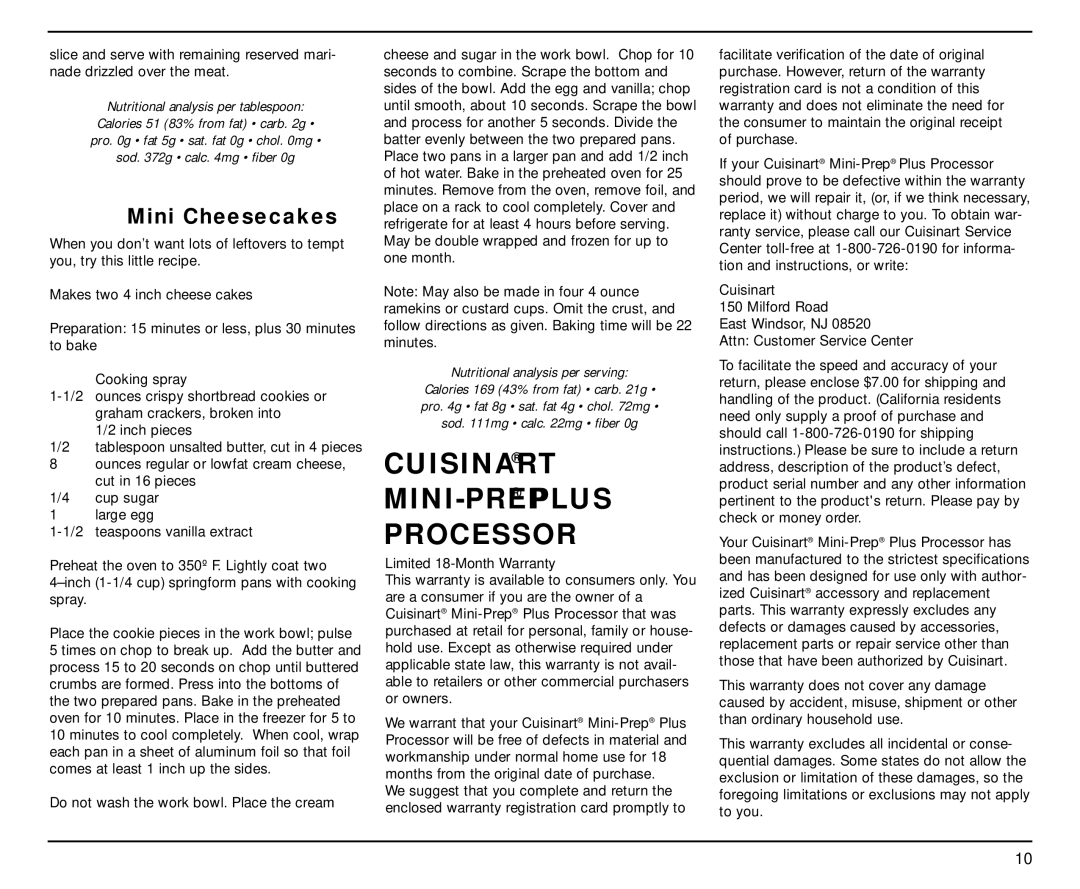 Cuisinart DLC-2A Series manual Cuisinart MINI-PREPPLUS Processor, Mini Cheesecakes, Limited 18-Month Warranty 