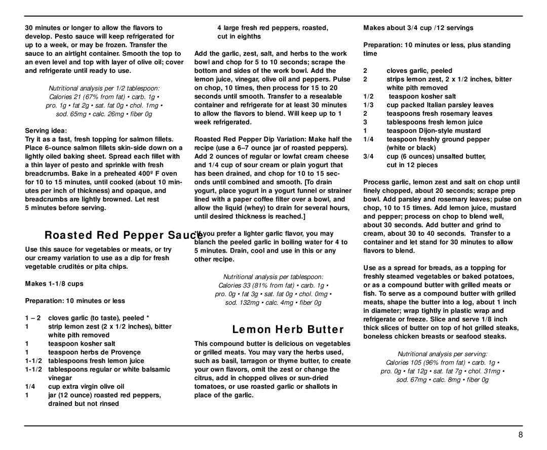 Cuisinart DLC-2A Series manual Roasted Red Pepper Sauce, Lemon Herb Butter 