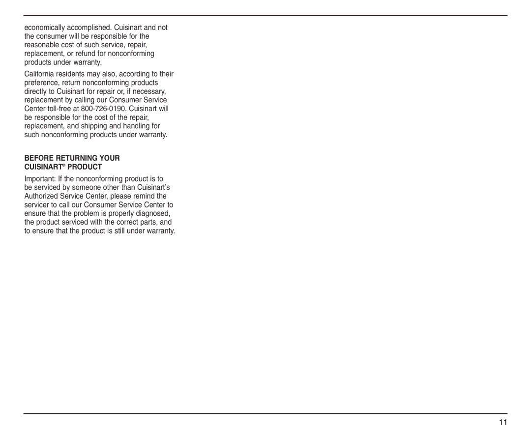 Cuisinart DLC-2A manual Before Returning Your Cuisinart Product 