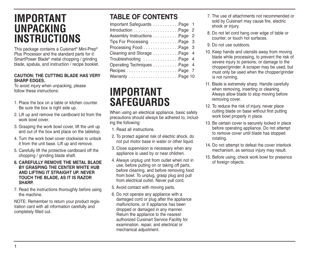 Cuisinart DLC-2A manual Important Unpacking Instructions, Table of Contents 