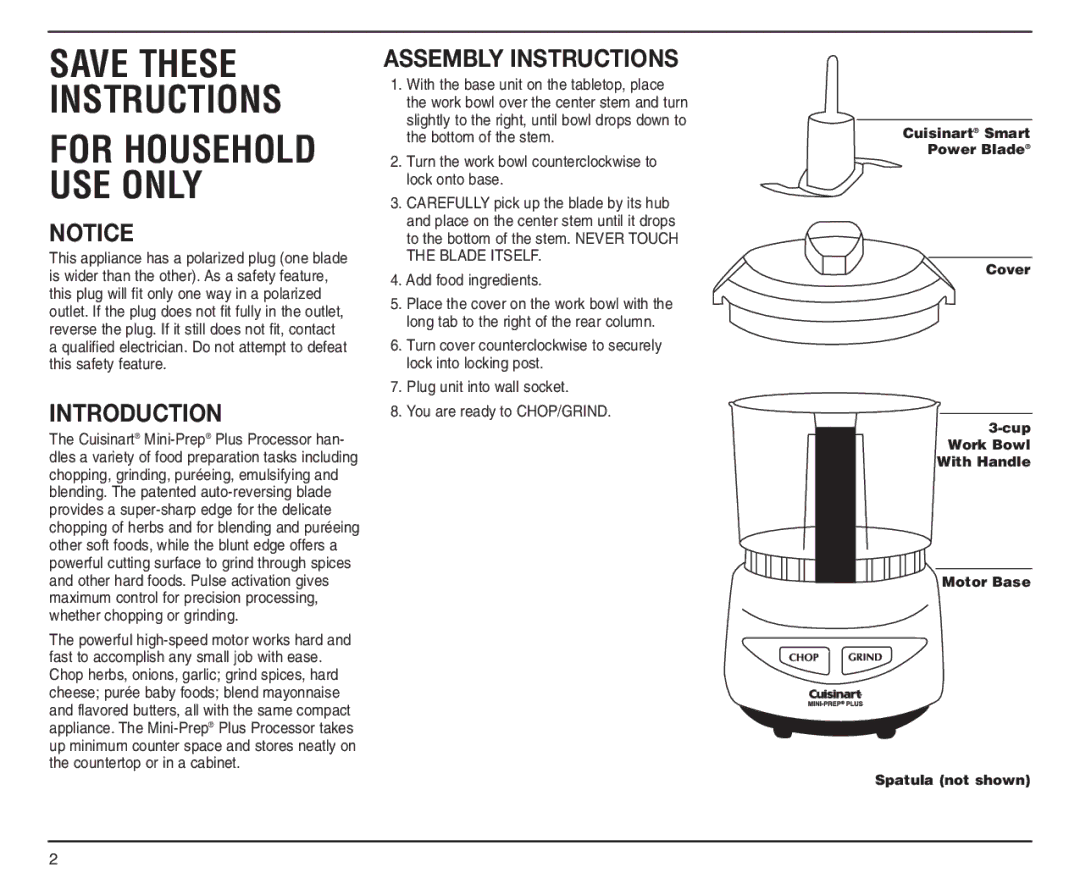 Cuisinart DLC-2A manual Introduction, Assembly Instructions 